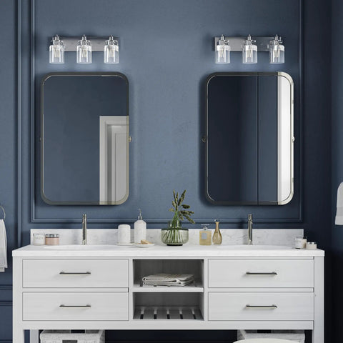 Bathroom with two Calhoun Collection Clear Glass Farmhouse Bath Vanity Light Three Light Brushed Nickel Vintage Inspired Fixture