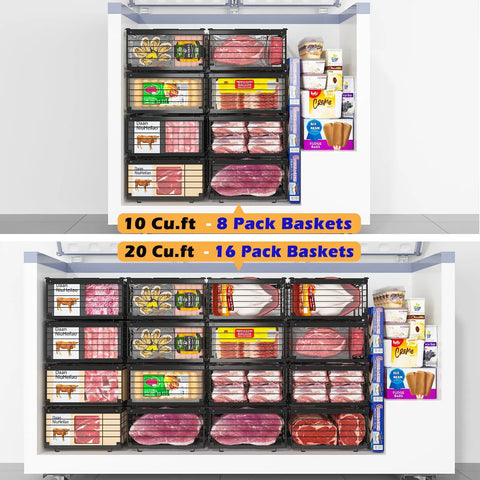 Four Large Expandable Freezer Bins With Easy Grab Handles, Stackable Chest Freezer Organizers shown installed with food items.