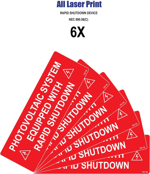 Label Pack For Photovoltaic System With Rapid Shutdown, Six Piece 6x2 Inch Outdoor Vinyl Labels, UV Resistant And NEC Standard.