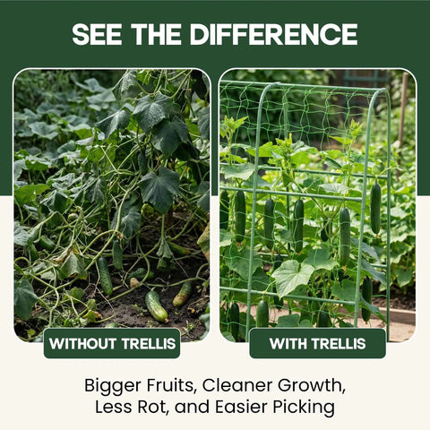 Comparison of garden with and without U Shape Garden Trellis For Raised Bed 48 By 48 Inch No Tools Required, shows plant growth difference.