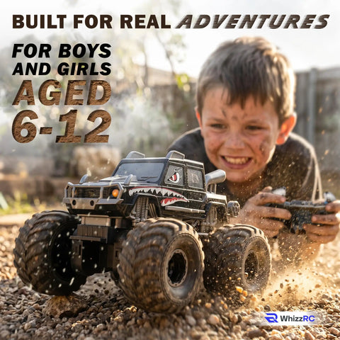 Amphibious Remote Control Car With All Terrain Four Wheel Drive Monster RC Truck Waterproof Vehicle for pool and mud, with child playing