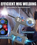 Get Heavy Duty AZZUNO 110V Handheld MIG Welder With 360 Rotating Torch Neck For Tons Of Flexibility And Smooth Flux Gasless Arc Welding In Tight Spots, featuring clear control panel and powerful cooling fan.