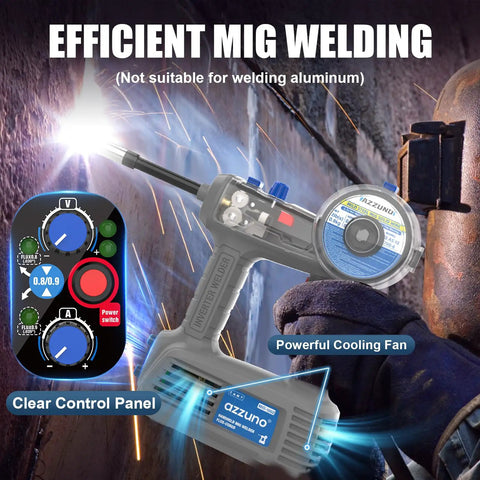 Get Heavy Duty AZZUNO 110V Handheld MIG Welder With 360 Rotating Torch Neck For Tons Of Flexibility And Smooth Flux Gasless Arc Welding In Tight Spots, featuring clear control panel and powerful cooling fan.