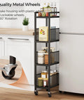 Expandable 4 Tier Slim Storage Cart On Wheels In Black with adjustable width, placed in a kitchen beside a refrigerator.