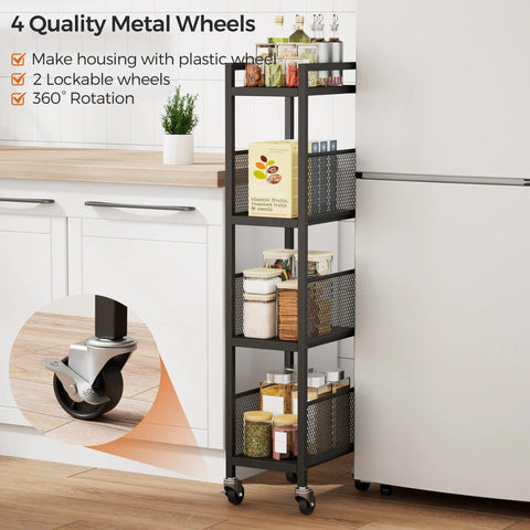 Expandable 4 Tier Slim Storage Cart On Wheels In Black with adjustable width, placed in a kitchen beside a refrigerator.