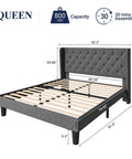 Modern Queen Bed Frame with Sturdy Button Tufted Wingback Headboard in Cool Dark Grey Upholstered Platform Setup with dimensions.