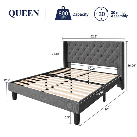 Modern Queen Bed Frame with Sturdy Button Tufted Wingback Headboard in Cool Dark Grey Upholstered Platform Setup with dimensions.