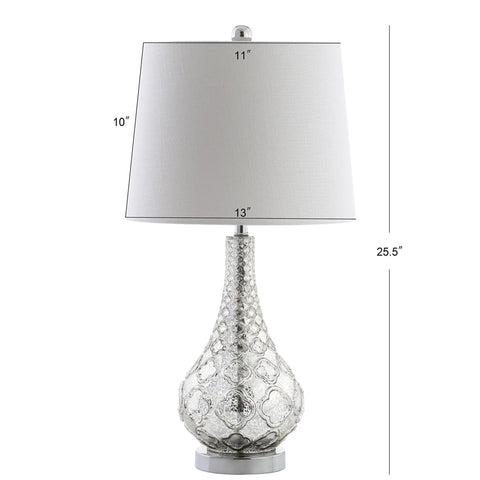 Mercury Silver Glass Table Lamp Set Of 2 With White Linen Shades, 25.5 Inch Sleek Modern Transitional Trellis Design