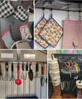 Heavy Duty Fridge Magnet Hooks Hold Like Crazy For Cruise Cabins And Kitchen Organization Six Pack hanging various kitchen items on hooks.