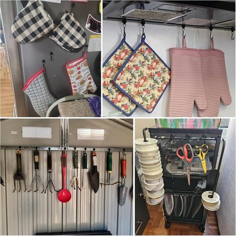 Heavy Duty Fridge Magnet Hooks Hold Like Crazy For Cruise Cabins And Kitchen Organization Six Pack hanging various kitchen items on hooks.