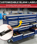 105 Piece Magnetic Tool Box Label Kit For The Garage With Heavy Duty Drawer Magnets shown on a tool chest with labels.