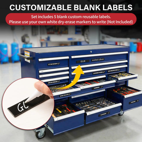 105 Piece Magnetic Tool Box Label Kit For The Garage With Heavy Duty Drawer Magnets shown on a tool chest with labels.