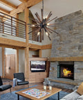 9 Light Sputnik Pendant Light Black With Natural Wood Shade Industrial Farmhouse Vibe Ceiling Fixture in rustic living room