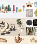 Miniature laser-cut wooden cityscape, engraved Christmas decorations, pottery, and model vehicles showcasing detailed customization.