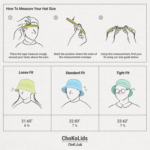 Illustration on measuring hat size for All Day Cotton Bucket Hat With Adjustable Comfort Strap For Beach, Golf, Fishing And Outdoor Fun.