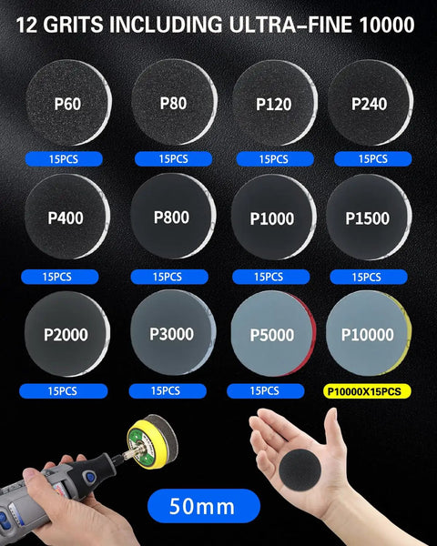 12 grit sanding discs from 60 to 10000 included in 194 Pc 2 Inch Wet Dry Sanding Discs Kit With 60 To 10000 Grit Hook And Loop Sandpaper