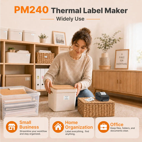 Woman organizing items with Straight Up Game Changer Label Printer Slick Chip Yields Crisp 203 Dpi Output Zero Ink Or Toner Drama Comes With Three Heavy Duty Tape Rolls For Lazy Weekend Organizing.