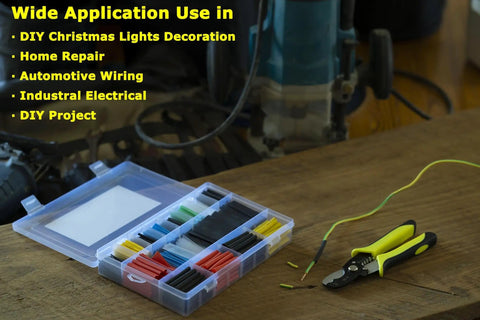 670 Piece Heat Shrink Tubing Kit With Wire Stripper Cutter, 2 To 1 Shrink Ratio on a workbench with open application chart