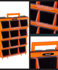 Hella Spacious Plastic Storage Drawers Heavy Duty Small Parts Organizer For Garage Workshop 12 Drawer Bins Sorter For Screws Nuts Bolts Crafting And Toy Blocks Black, displaying 12 transparent compartments and handle.
