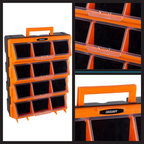 Hella Spacious Plastic Storage Drawers Heavy Duty Small Parts Organizer For Garage Workshop 12 Drawer Bins Sorter For Screws Nuts Bolts Crafting And Toy Blocks Black, displaying 12 transparent compartments and handle.