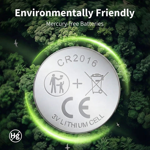 Kicking Performance Cr2016 3V Lithium Coin Cells Six Pack showing environmentally friendly mercury-free battery details.