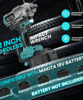 Beefy Half Inch Cordless Impact Wrench With 950 Ft Lbs Torque, Brushless Power Tool, shown with compatible Makita battery options