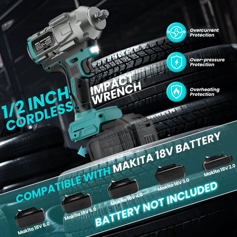 Beefy Half Inch Cordless Impact Wrench With 950 Ft Lbs Torque, Brushless Power Tool, shown with compatible Makita battery options