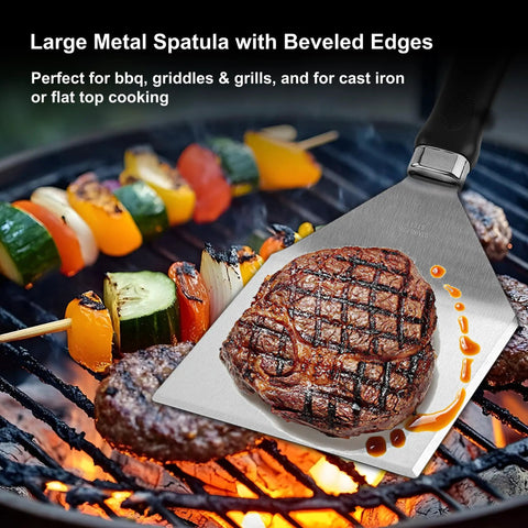 5 In 1 Pro Grade Grill Tools Set With Insulated Meat Resting Blanket heavy duty spatula with steak on grill, vegetables visible