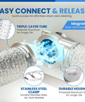 Magnetic Dryer Vent Kit With 2.6 Foot Aluminum Duct And Clamps showing magnetic connection and triple-layer tube