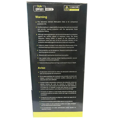 Back of Encore Orange Foam Ear Plugs Uncorded 200 Pack In Dispenser Box NRR 32 dB showing safety warnings.