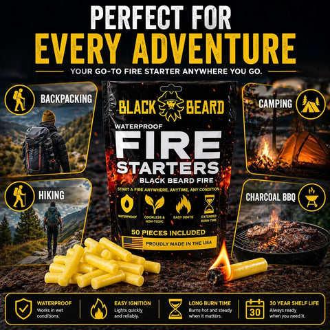 Weatherproof Campfire Starter Plugs Pack of 50 Lights 50 Plus Fires Quickly in Wet Weather Waterproof and Windproof with Extra Long Burn Time and 30 Year Shelf Life for Emergency Survival Kits Made in USA Yellow shown with usage scenarios such as backpacking and camping.