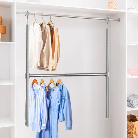 Straight Up Upgrade With This Expandable Chrome Closet Hanging Rod Adjustable Wardrobe Pole For Dorms That Instantly Doubles Your Hanging Storage Holds Heavy Outfits Snugly And Makes Tiny Spaces Work Wonders