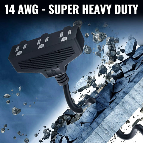 Heavy Duty Yard-Ready Outdoor Extension Cord 30 Ft With 3 Outlets 14-3 SJTW 3 Prong Grounded Power Cable