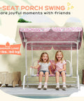 Two Seater Kids Patio Swing With Adjustable Canopy Safety Belt Unicorn Rainbow Pattern Hanging Bench For Garden And Backyard Pink Outdoor Porch Swing Chair For Fun Playtime with two girls seated.