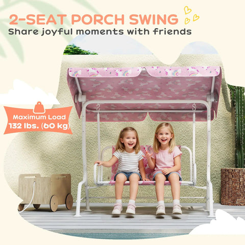Two Seater Kids Patio Swing With Adjustable Canopy Safety Belt Unicorn Rainbow Pattern Hanging Bench For Garden And Backyard Pink Outdoor Porch Swing Chair For Fun Playtime with two girls seated.