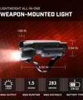 Integrated Tactical Forend Weapon Light For Mossberg Shockwave 12 Gauge, 1000 Lumen, 20000 Candela, side view with beam on