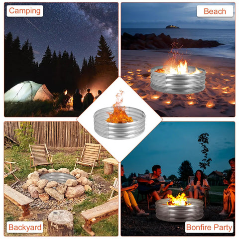 Images show an 8-piece Heavy Duty Galvanized Fire Pit Ring for outdoor wood burning at beach, park, camping, and backyard settings.