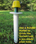 Ground socket tool for heavy duty batting cage installation with text instructions, used for backyard baseball and softball setup