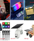 Collage of electronic devices including a Bluetooth speaker, solar wall light, and solar-powered toys on display.