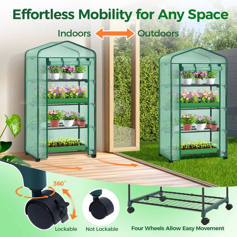 Compact Portable Greenhouse On Wheels For Indoor And Outdoor Use With 4 Tier Rack And Durable PE Cover Easy To Move Smooth Locking Wheels Weather Resistant Ideal For Seedlings Plants And Quick Sunlight Shifts
