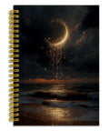 Celestial Moon Ocean Beach Notebook Journal For Women with mystical moonlight cascading over waves, 5.5x8.3 inches, spiral-bound cover.