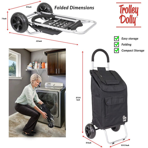 Trolley Dolly Foldable Shopping Cart With Oversize All Terrain Wheels Removable Bag With Seven Pockets Rubber Grip Handle