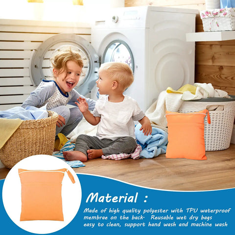 Children in laundry room with orange 4 Pack Wet Dry Diaper Bags For Baby Cloth Diapers And Swim Gear Waterproof Reusable Travel Organizer