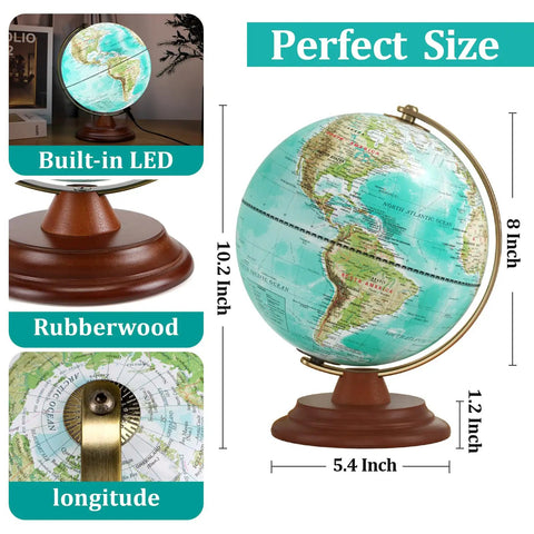 Lit 8 Inch Illuminated World Globe With Wooden Stand Built In LED Night Light Turquoise Blue Globe For Kids And Adults