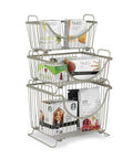 Large Stackable Wire Baskets For Pantry And Kitchen Counter Organizer with Raised Feet stacked and holding various pantry items