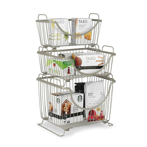 Large Stackable Wire Baskets For Pantry And Kitchen Counter Organizer with Raised Feet stacked and holding various pantry items