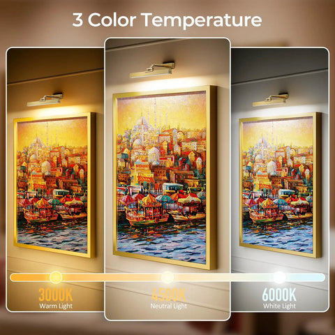 Brushed Gold Battery Operated Picture Light 16 Inch With Dimmable CCT shown in warm, neutral, and white light on art display.