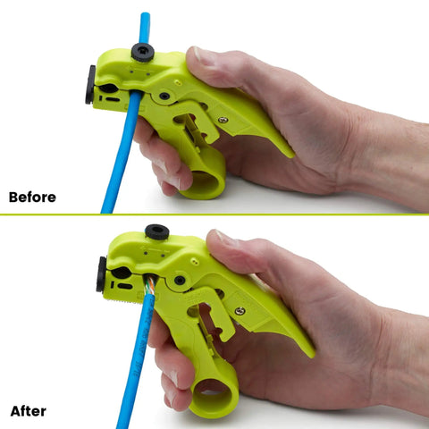 Person using Pro Grade Wire Stripping And Cutting Tool For Ethernet Cabling And Coax Adjustable Blade Depth Durable ABS Build.
