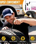 Man using 61 Piece DIY Tire Repair Kit With Screw Type Rubber Plugs And Screwdriver For Tubeless Punctures on car tire