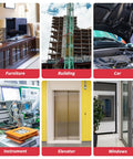 Collage of six images showing furniture, a building, a car engine, instruments, an elevator, and windows, highlighting diverse uses.